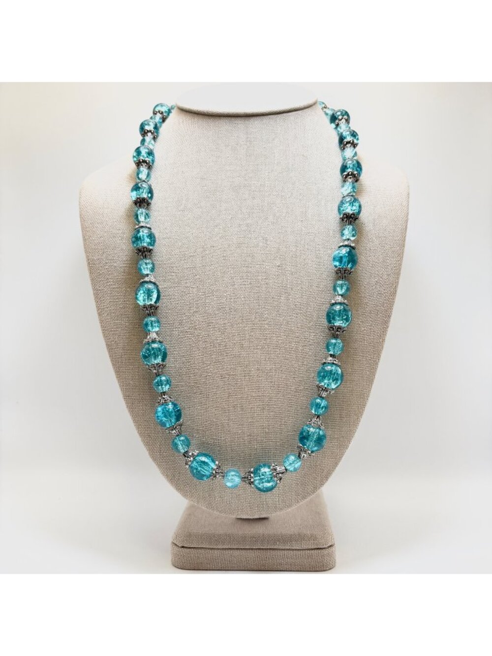 Blue Swirl Bead Silver Scroll Cap Necklace Vintage 1950's Strand 25" Length